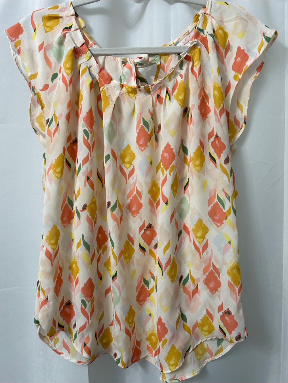 LC Lauren Conrad Floral Cap-Sleeve Blouse in Cream, Coral, Yellow, Green